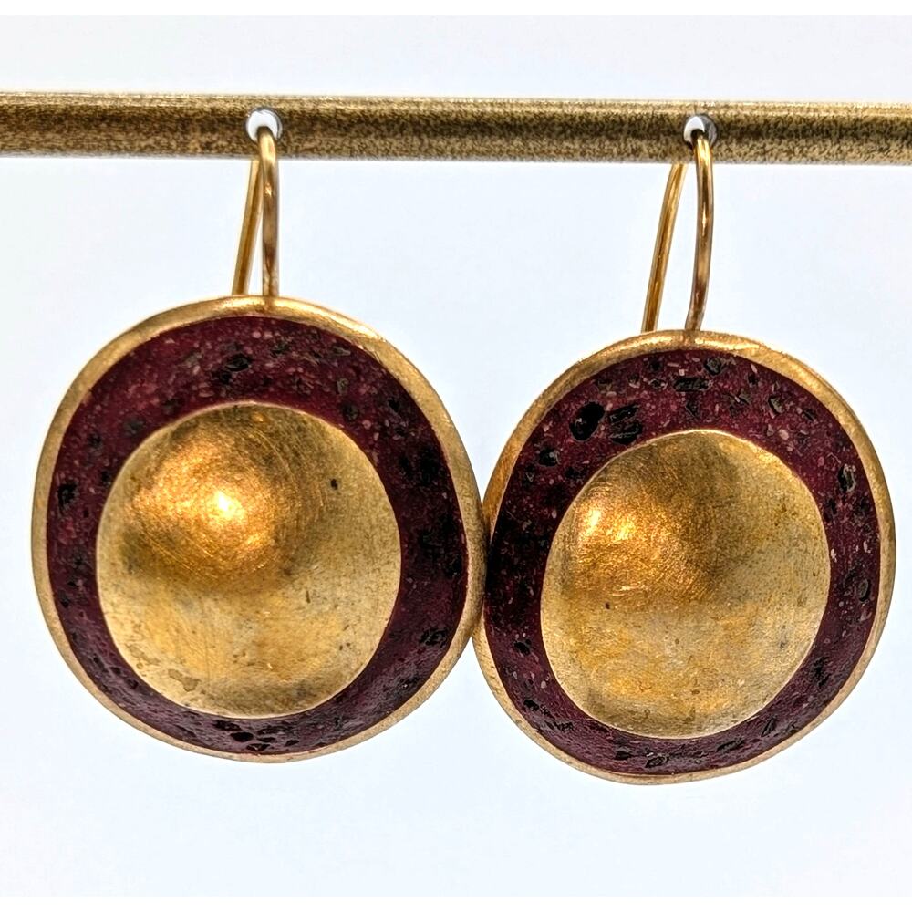 Vintage Brass W/ Possibly Red Coral Inlay Medallion Ear Wire Earrings